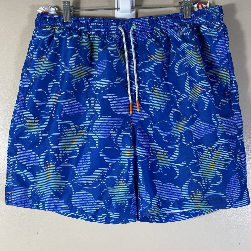 Tommy Bahama  Swim Trunks Men XL Blue Floral Print Elastic Waist Hawaiian Tropic
